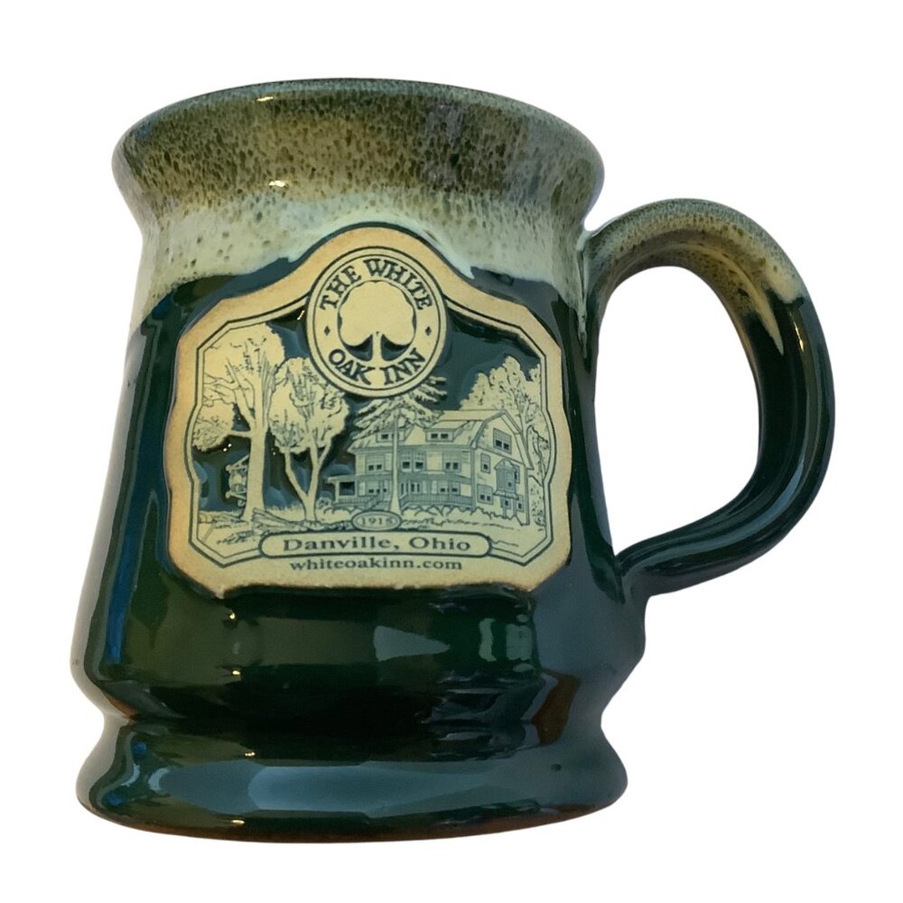 Deneen Pottery Coffee Mug Handthrown Drip Glaze Green‎ Cream White Oak Inn Ohio